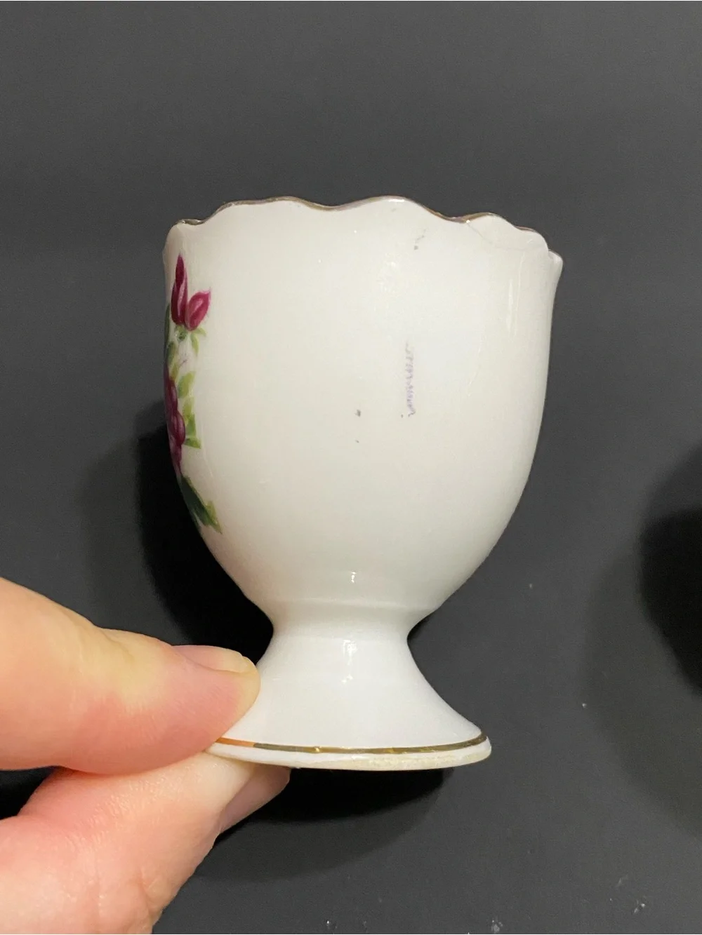 3 Vintage Egg Cups Porcelain white with Pink Roses Scalloped Gold Trim